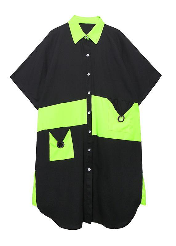 Modern Black Cotton Quilting Dresses Lapel Patchwork Baggy Summer Dresses
