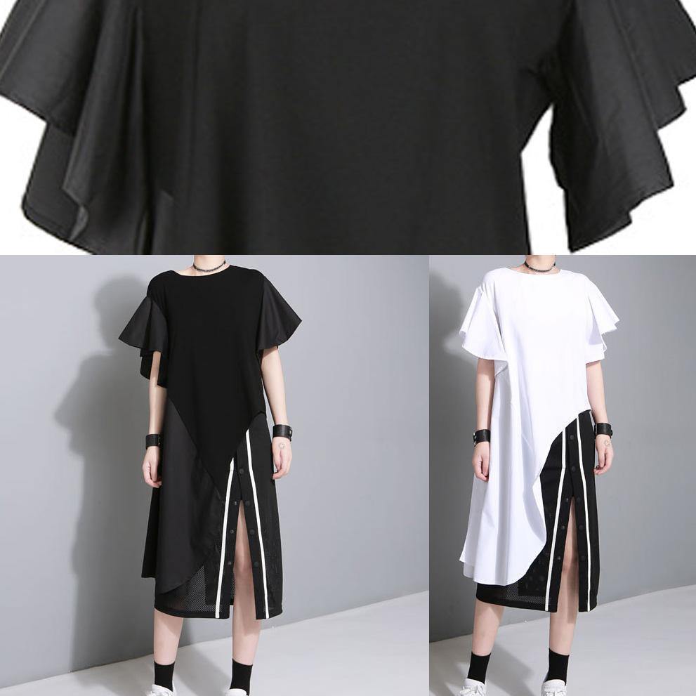 Modern Black Cotton Quilting Dresses Side Open Short Patchwork Summer Dresses