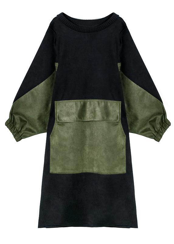 Modern Black Clothes O Neck Patchwork Loose Fall Dress