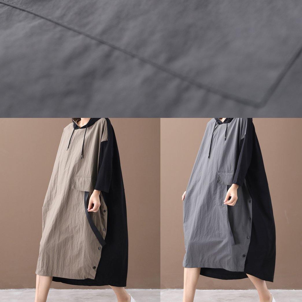 Modern Hooded Patchwork Spring Dress Work Gray Maxi Dresses