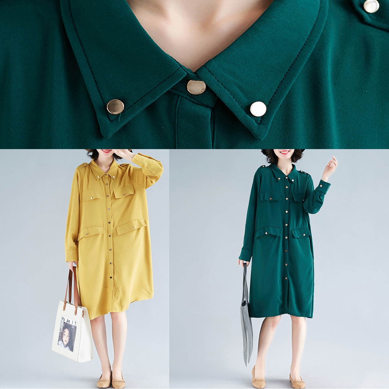 Modern Lapel Collar Cotton Tunics Fun Photography Green Midi Dress Spring