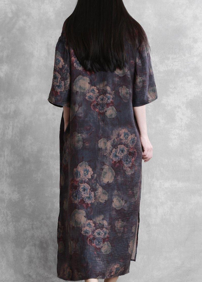 Modern Lapel Half Sleeve Summer Tunic Sleeve Purple Print Traveling Dresses