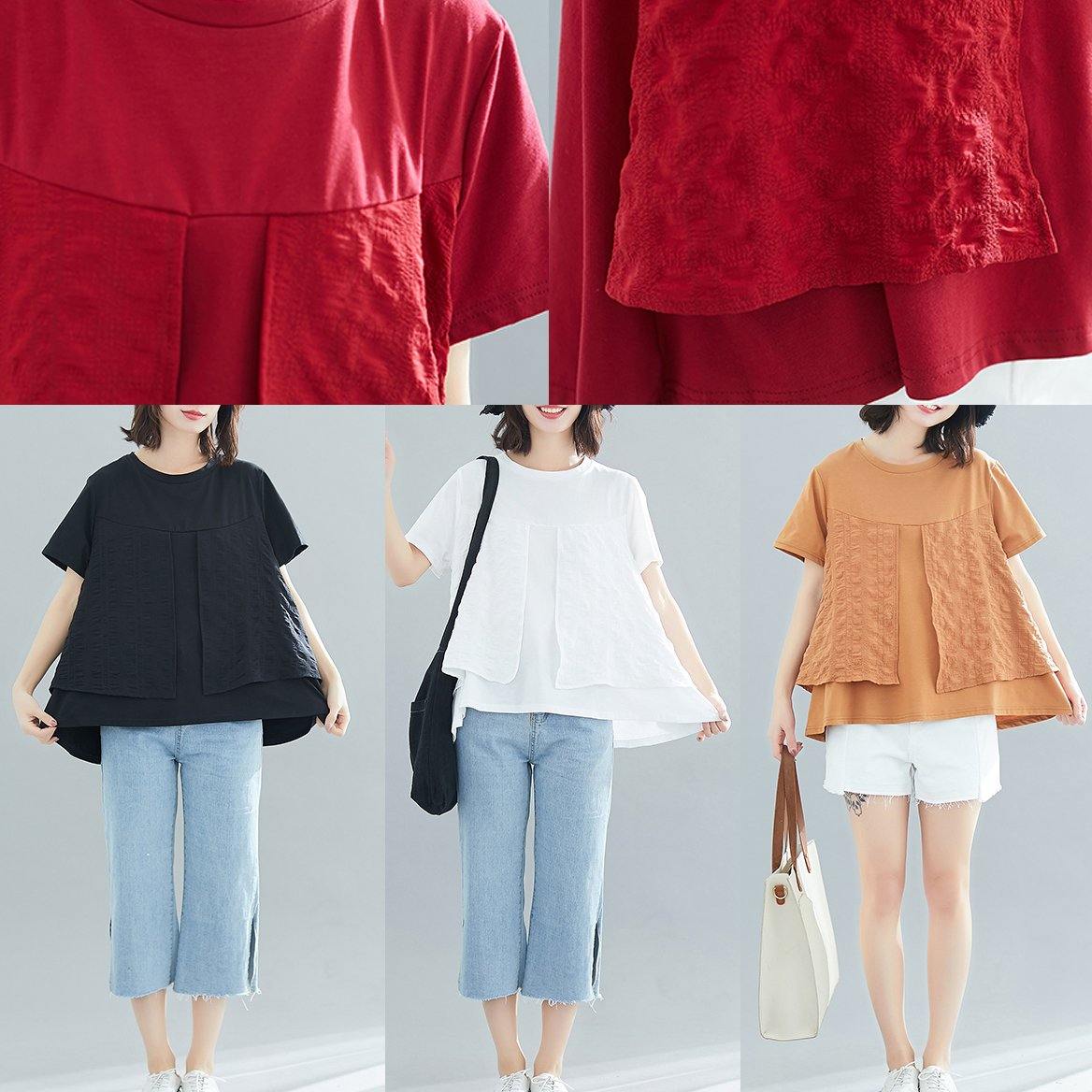 Modern O Neck Patchwork Cotton Clothes for Design Black Loose Blouses Summer