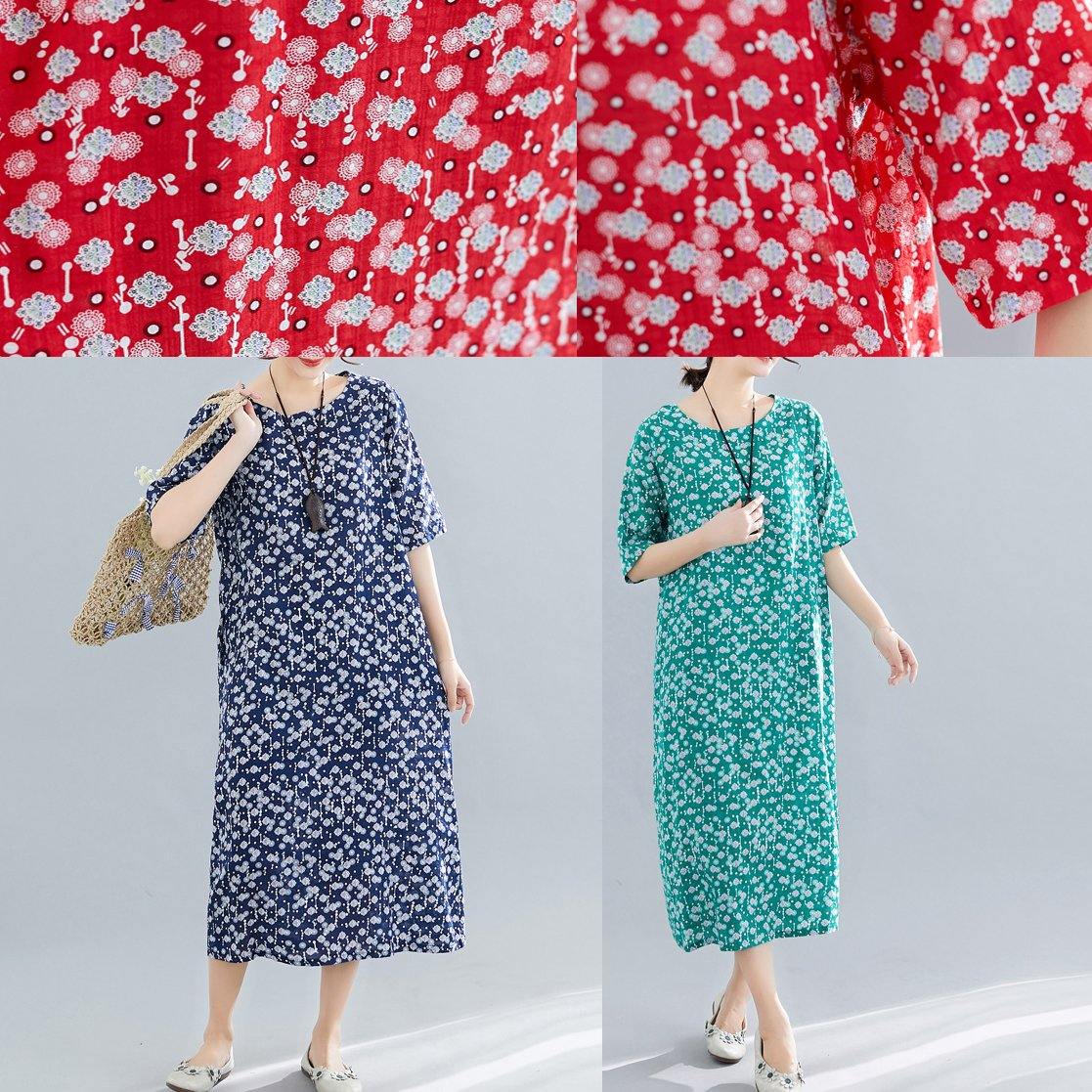 Modern O Neck Pockets Linen Cotton Clothes Runway Green Print Dress Summer