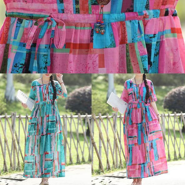 Modern Pink Prints Cotton Linen Quilting Clothes Fine Work Tie Waist Maxi Summer Dress