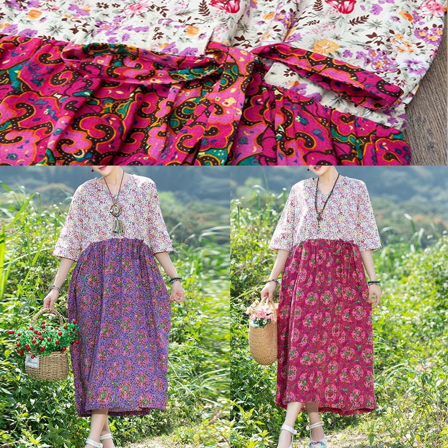 Modern Purple Patchwork Cotton Clothes V Neck Summer Dresses