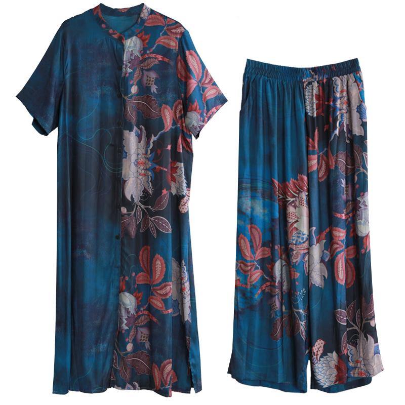 National Wind Blue Color Matching Suit Summer Five-point Sleeves Loose Two-piece Suit