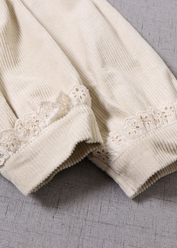 Natural Beige Embroideried Corduroy Winter Coat