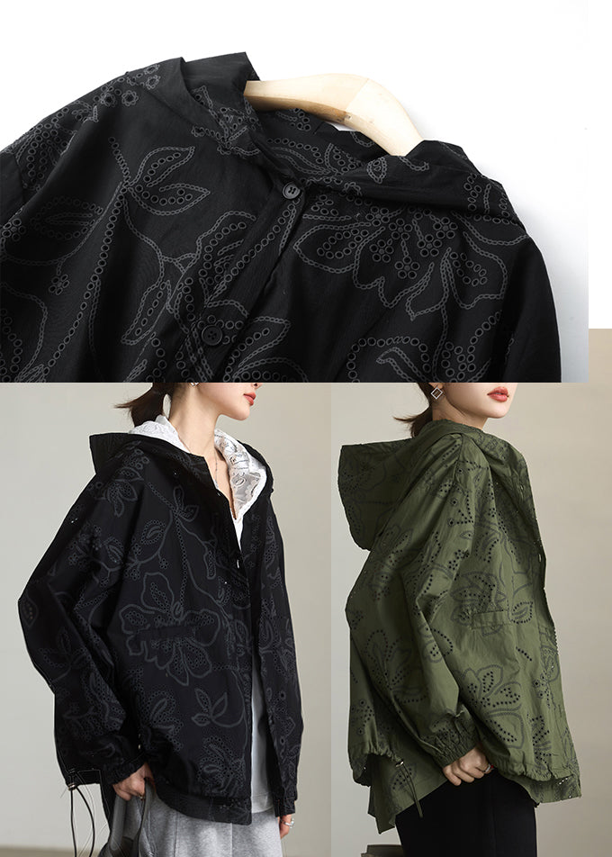Natural Black Embroidered Cotton Hoodies Outwear Spring
