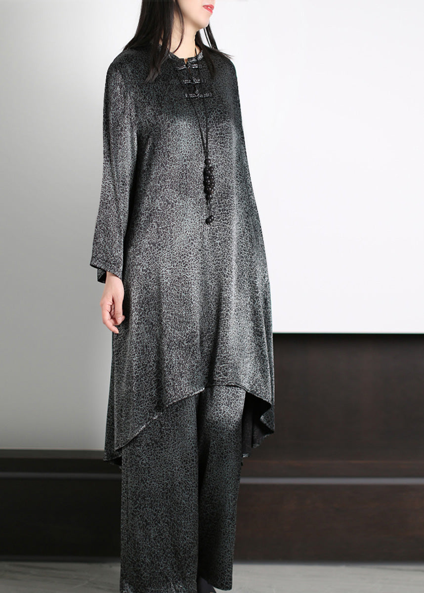 Natural Black O-neck Draping Silk Long Top and Wide Leg Pants Two Piece Set Long Sleeve