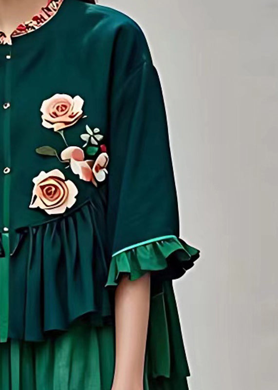 Natural Blackish Green Stand Collar Ruffled Tops Summer