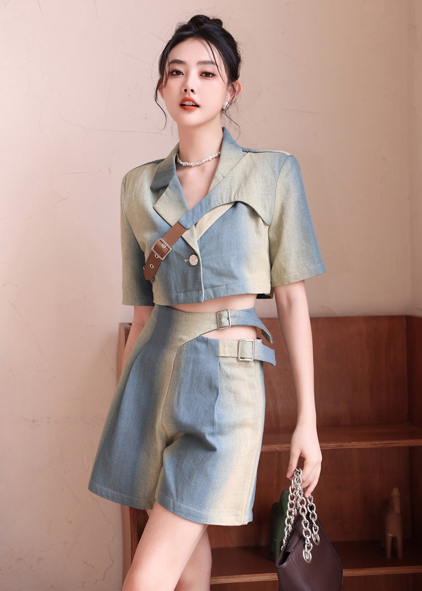 Natural Gradient Color Asymmetrical Denim Tops and Shorts 2 Piece Outfit Summer