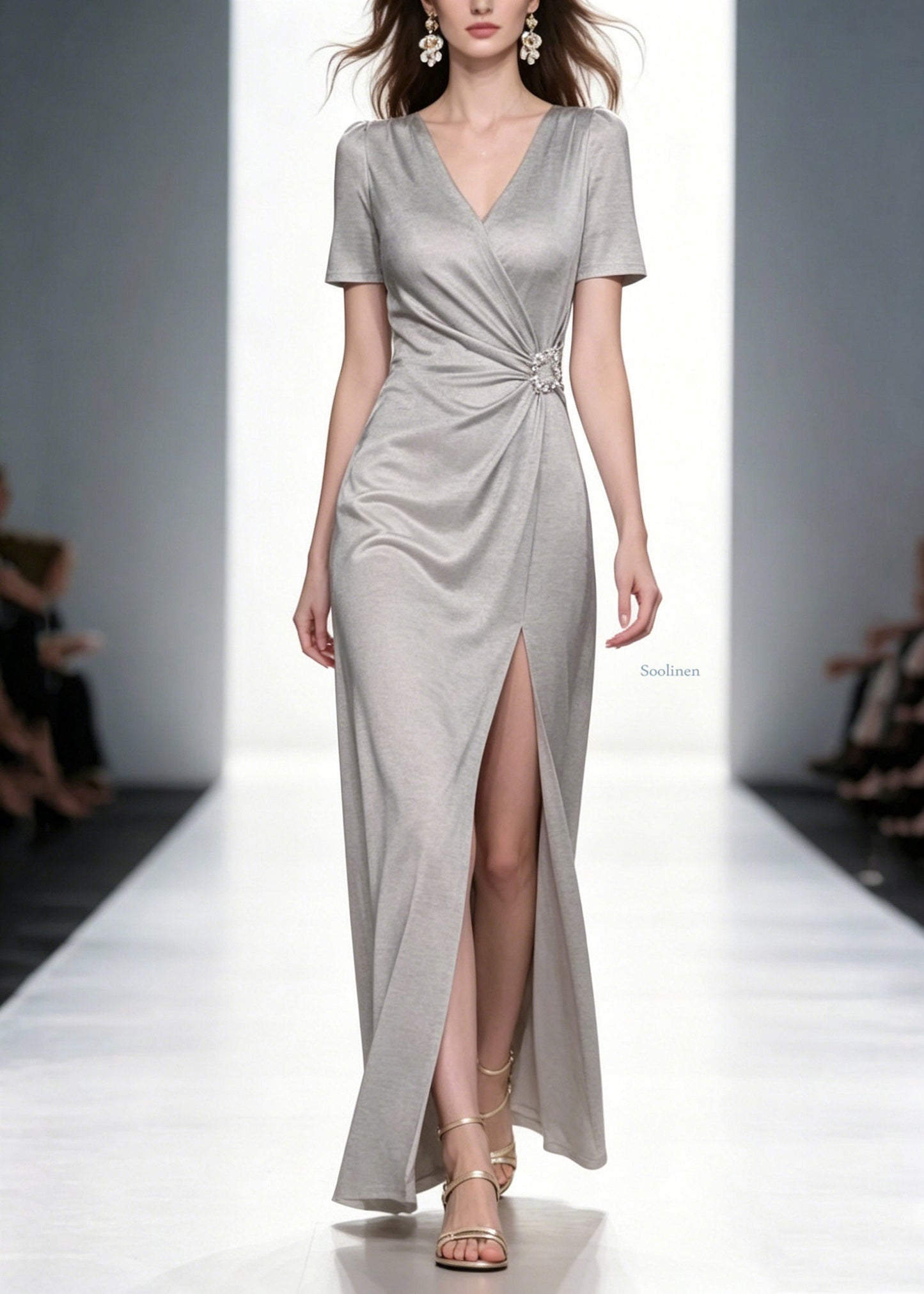 Natural Grey V Neck Wrinkled Long Dresses Summer
