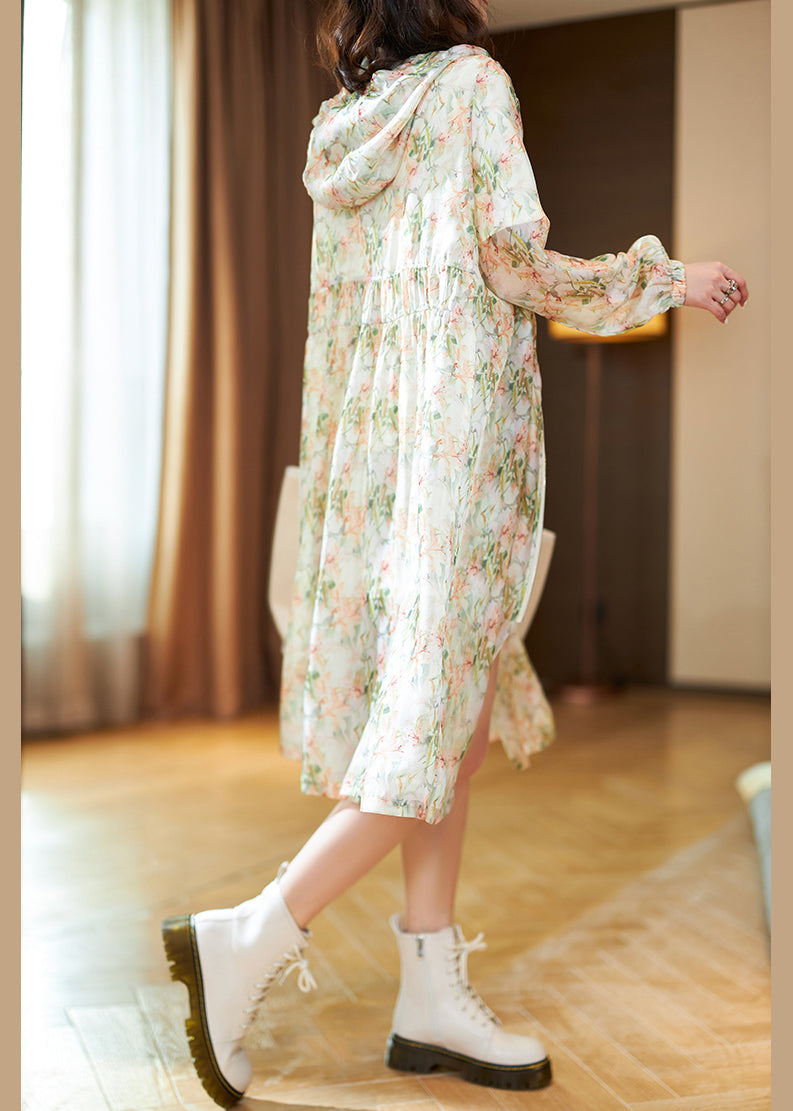 Natural Light Green Print Chiffon Hooded Upf 50+ Coat Summer