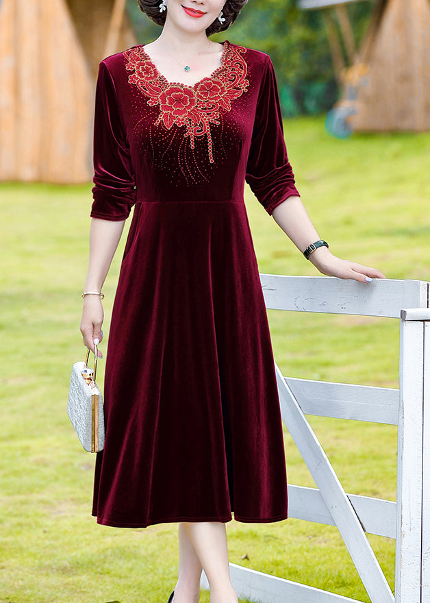Natural Wine Red O-neck Patchwork Silk Velour Long Dress Fall