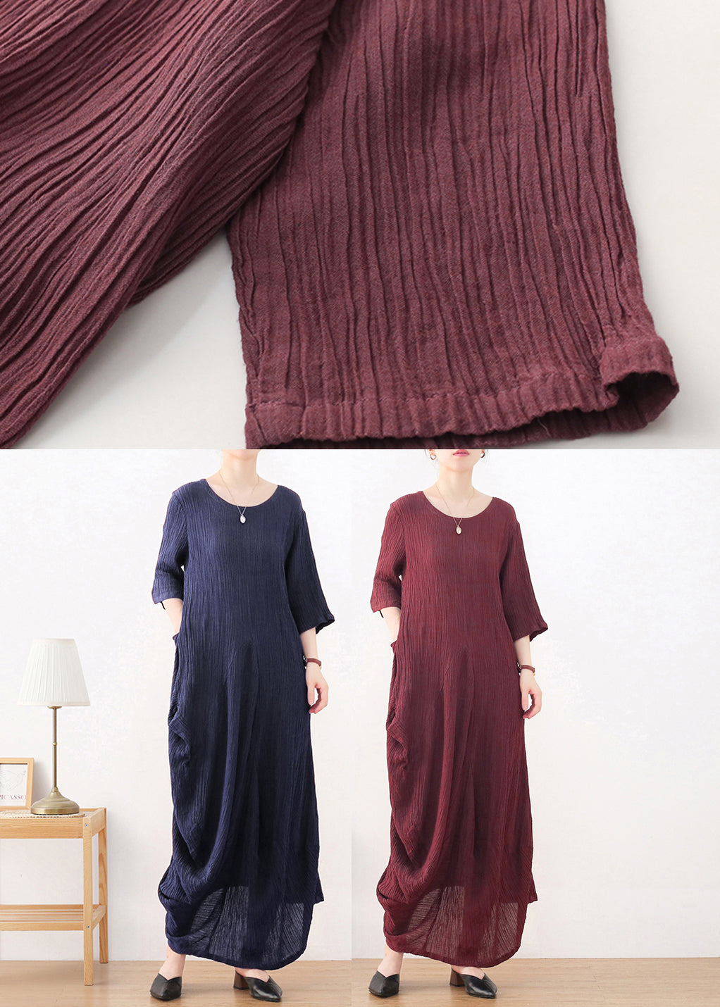 Natural Wine Red O-neck Wrinkled Linen Long Dress Long Sleeve