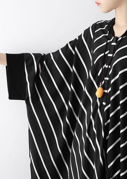 Natural Black Striped Tunics for V Neck Asymmetric Loose Dress