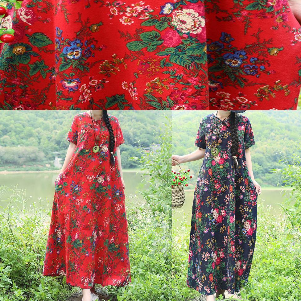 Natural Blue Prints Linen Dresses Chinese Button Robe Summer Dress