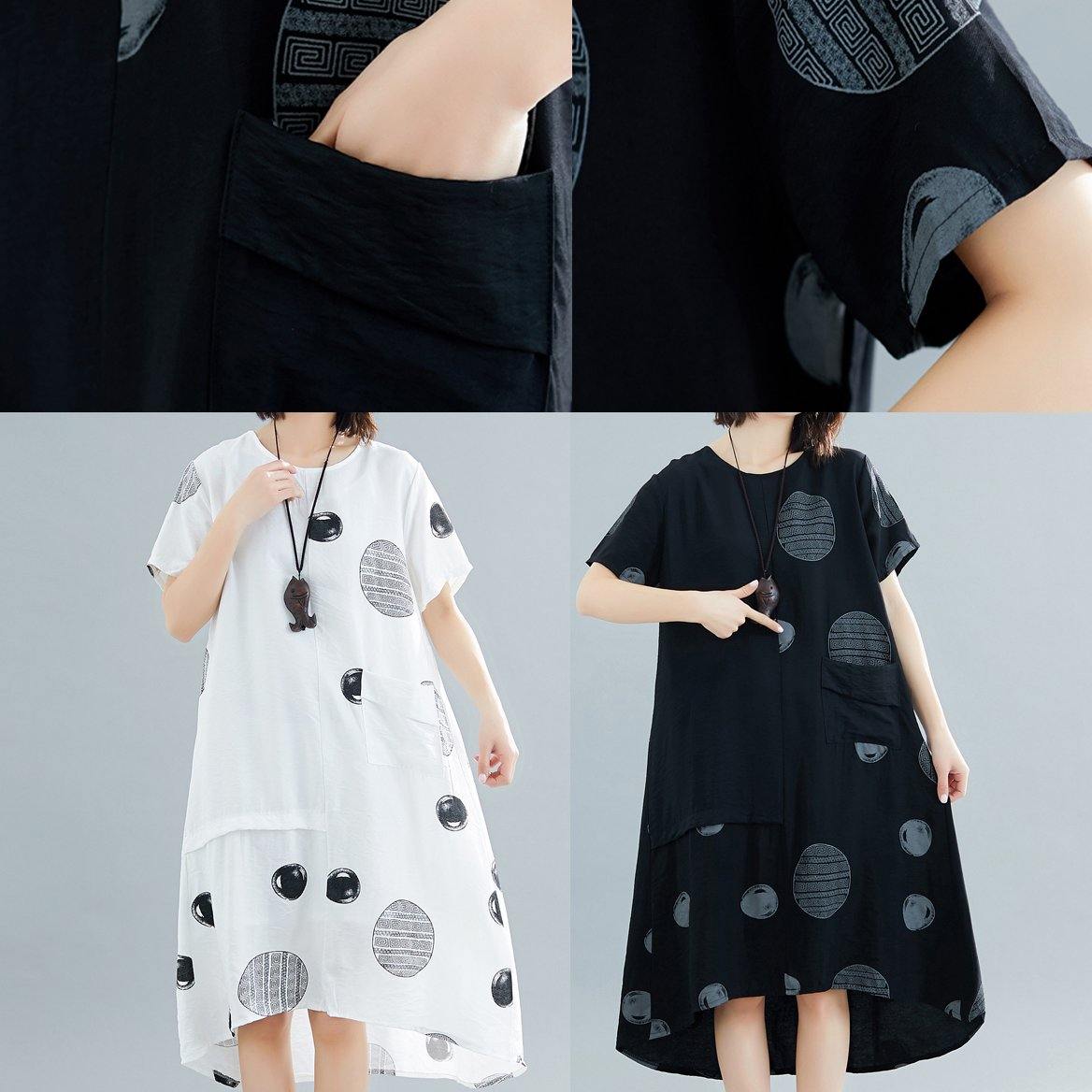 Natural O Neck Asymmetric Cotton Clothes Work White Dotted Traveling Dresses Summer