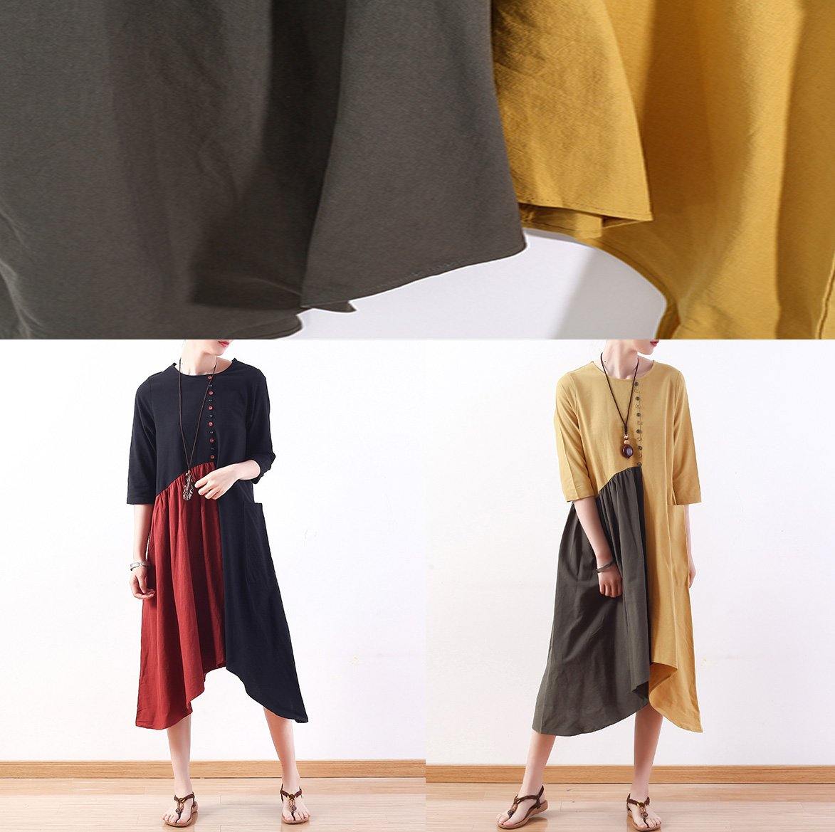 Natural Patchwork Cotton Dresses Wardrobes Black Bracelet Sleeved Dress Summer