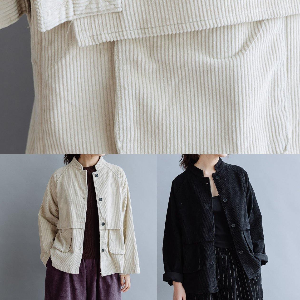 Natural Stand Collar Pockets Cotton Blouse Pattern Beige Tops Fall