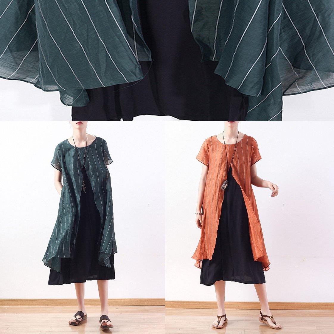 Natural Yellow Striped Blended Tunics for False Two Pieces Cotton Summer Dress