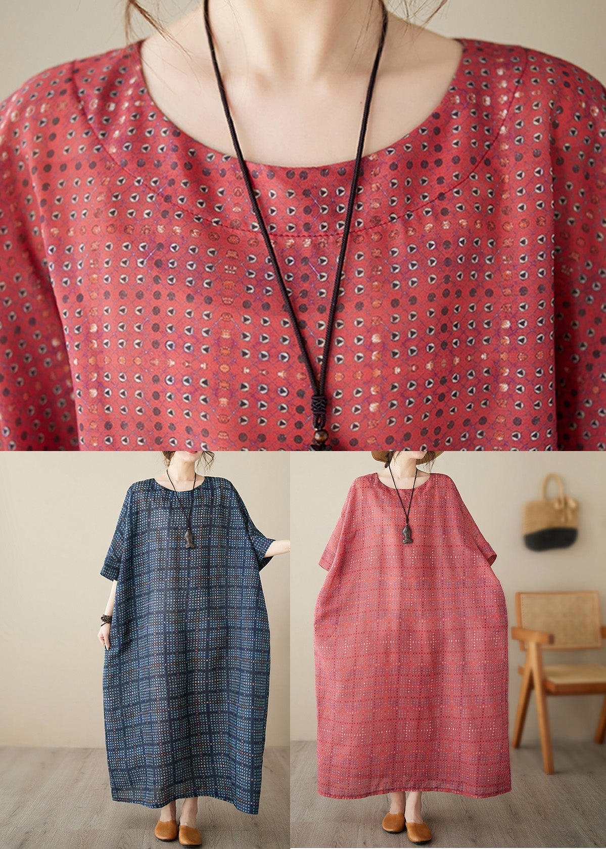 Navy Blue O-neck Plaid Maxi Dress Short Sleeve