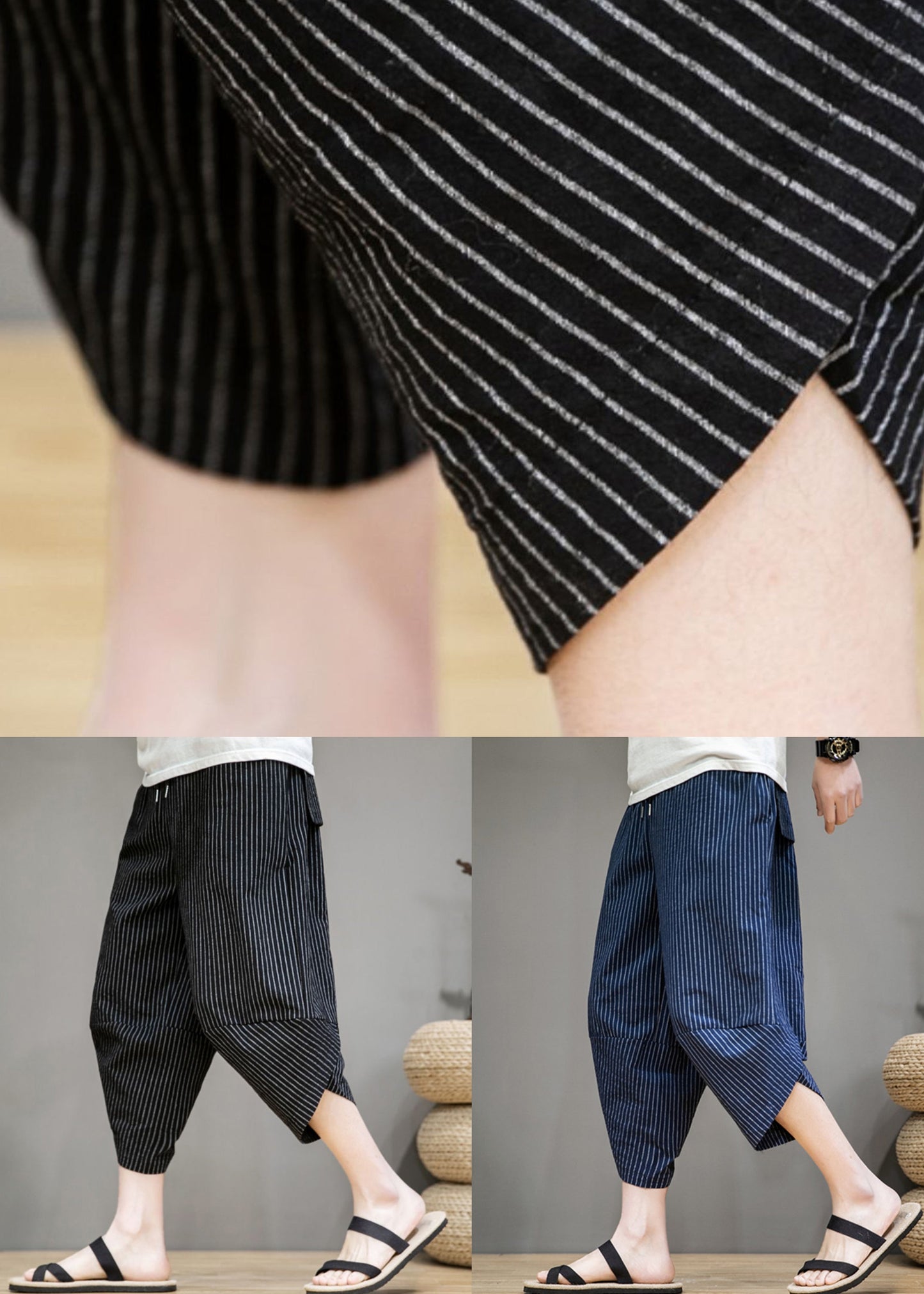 Navy Pockets Cotton Summer Harem Pants Elastic Waist
