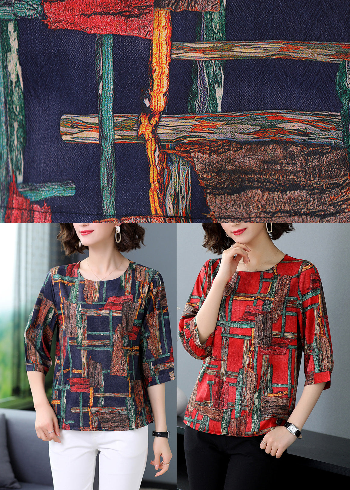 Navy Silk O-neck Silk Top Half Sleeve