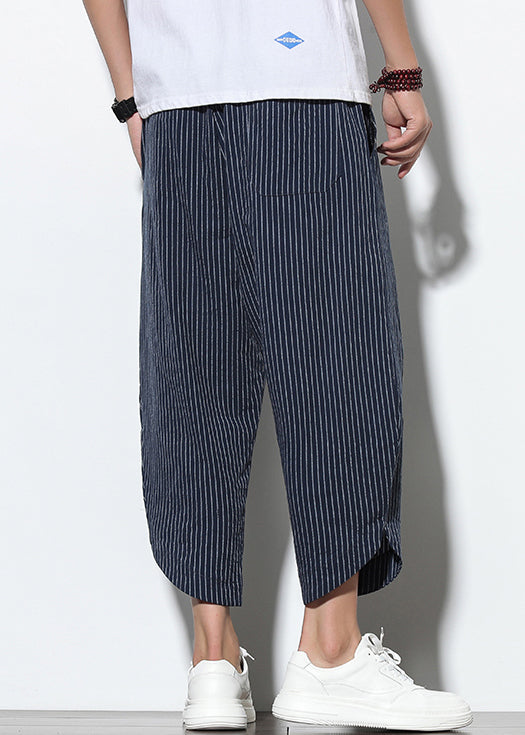 Navy Striped Lace Up Elastic Waist Cotton Harem Pants Summer