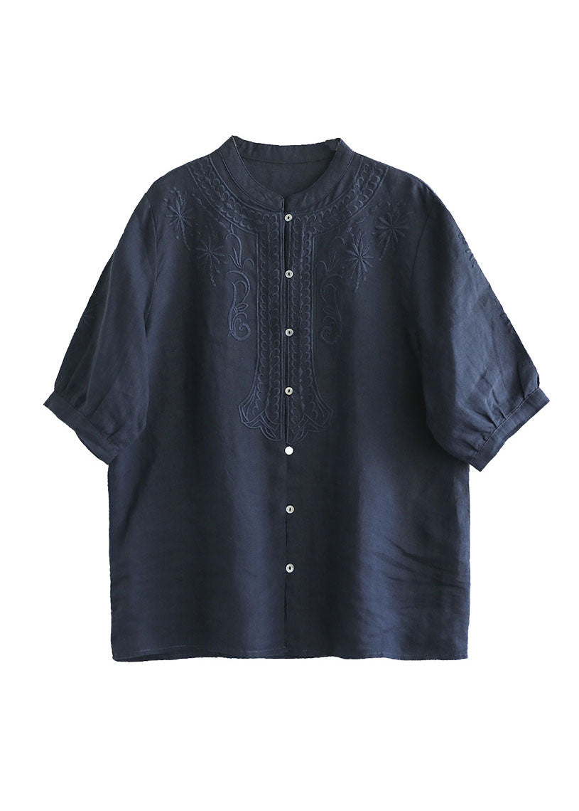 Navy Cotton Shirts Stand Collar Embroideried Half Sleeve