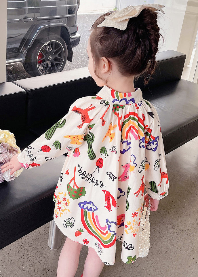 New Beige Print Button Mid Dress Long Sleeve