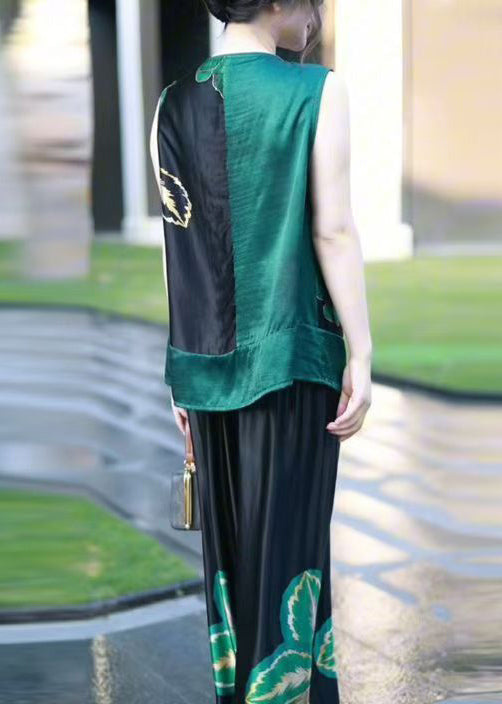 New Black Print Tank and Wide Leg Pants Silk Two Pieces Set Sleeveless