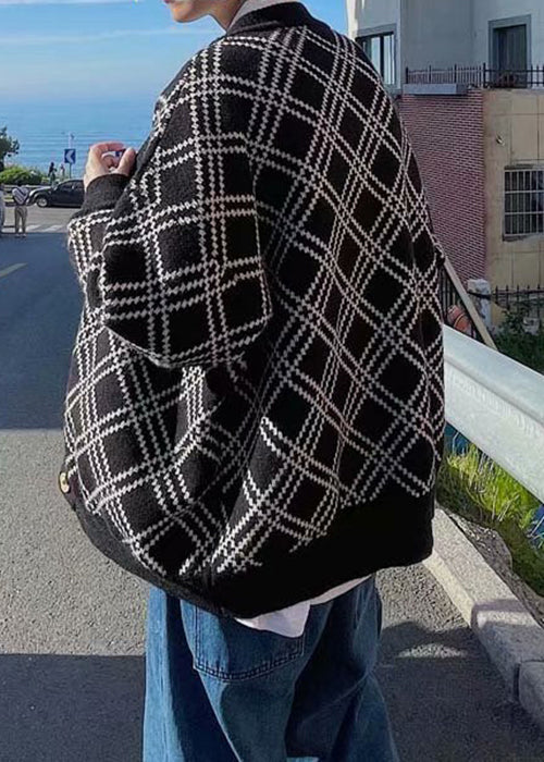 New Black V Neck Plaid Button Knit Cardigans Spring