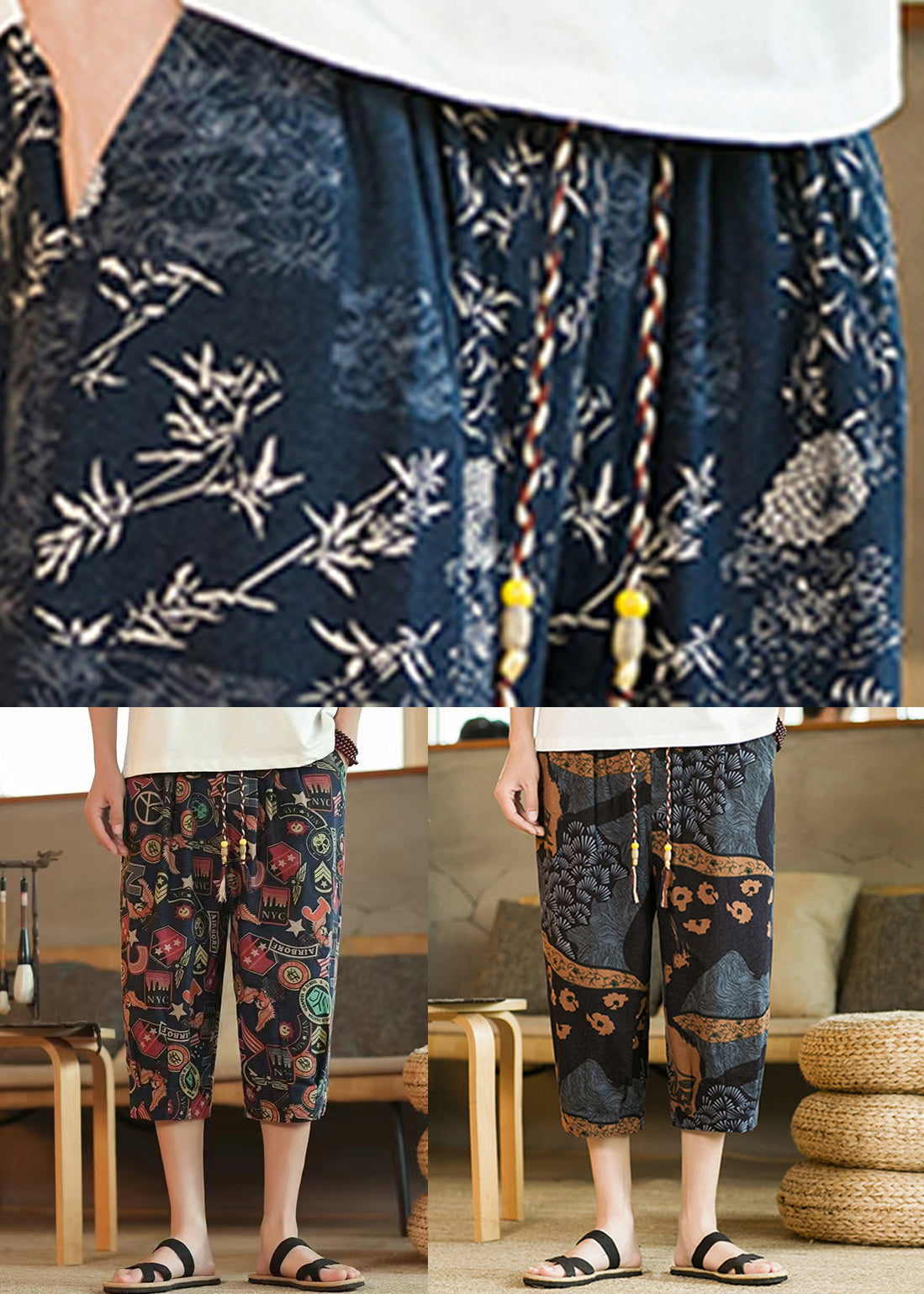 New Blue Print Pockets High Waist Cotton Crop Pants Summer