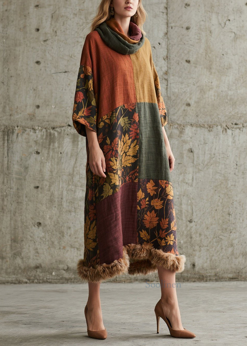 New Colorblock Print Fuzzy Fur Patchwork Cotton Long Dress Fall