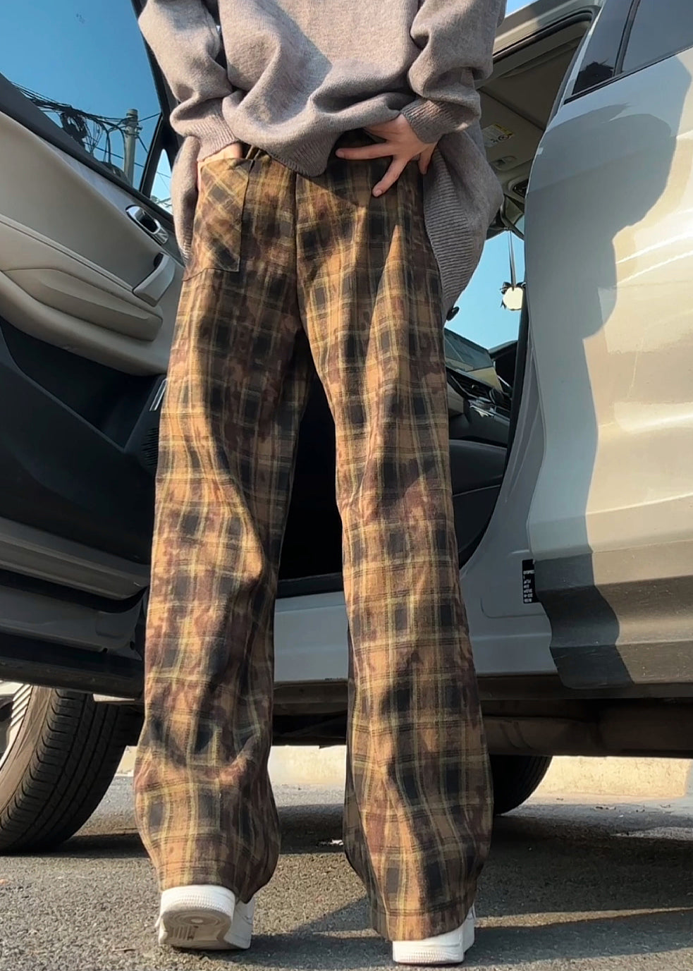 New Green Plaid Elastic Waist Cotton Pants Summer