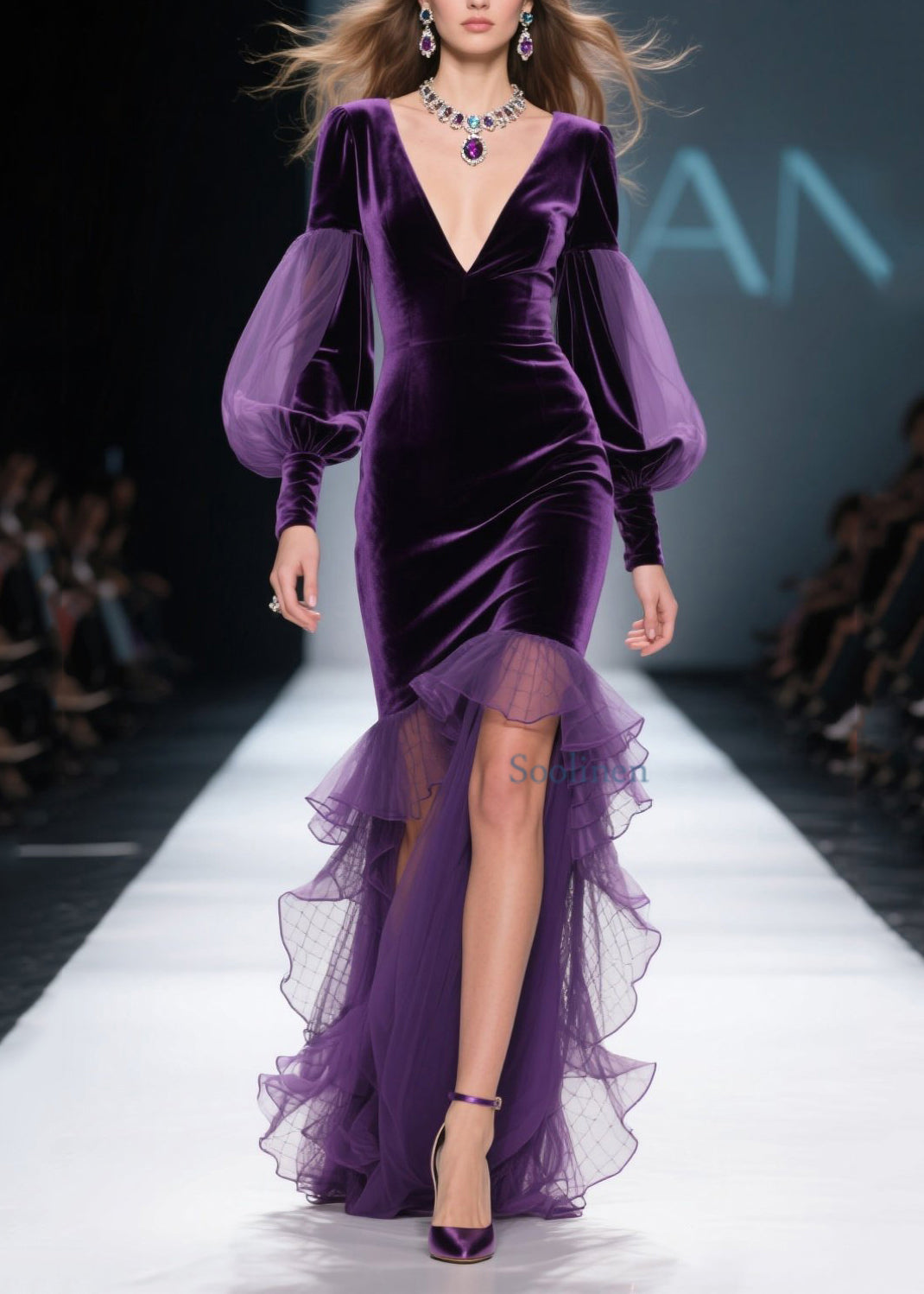 New Purple Asymmetrical Ruffled Patchwork Velvet Dress Spring