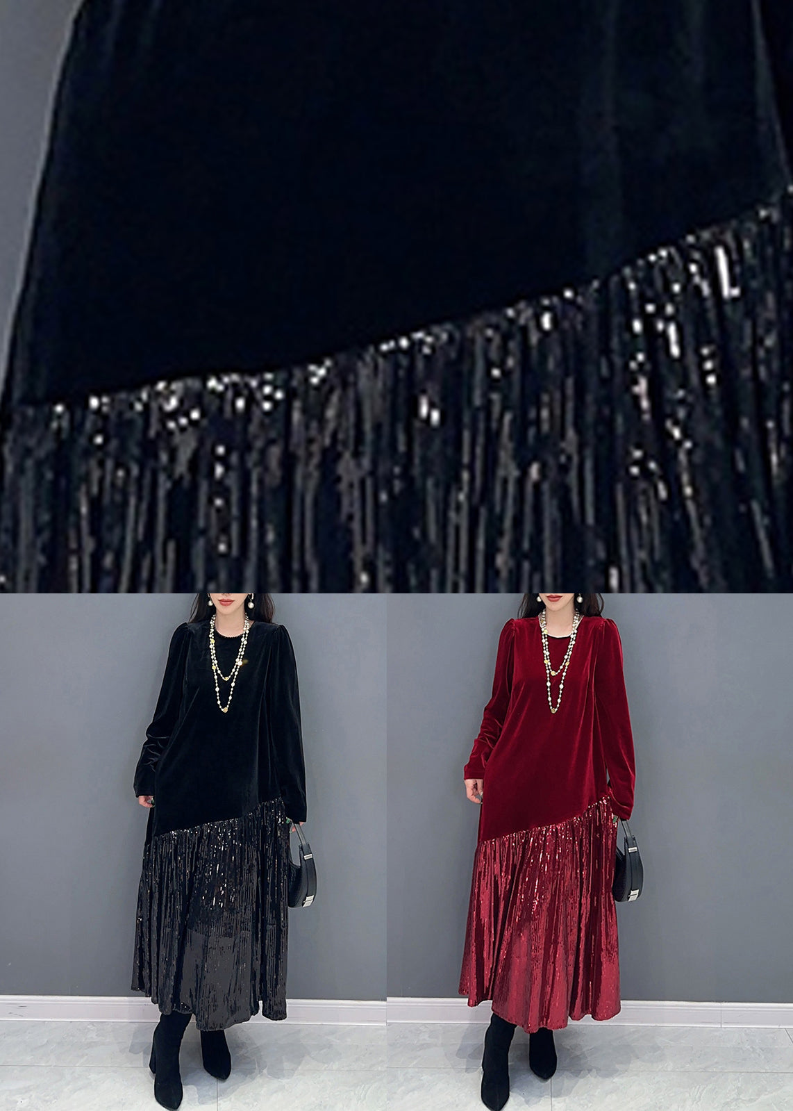 New Red Patchwork Silk Velvet Long Dress Long Sleeve