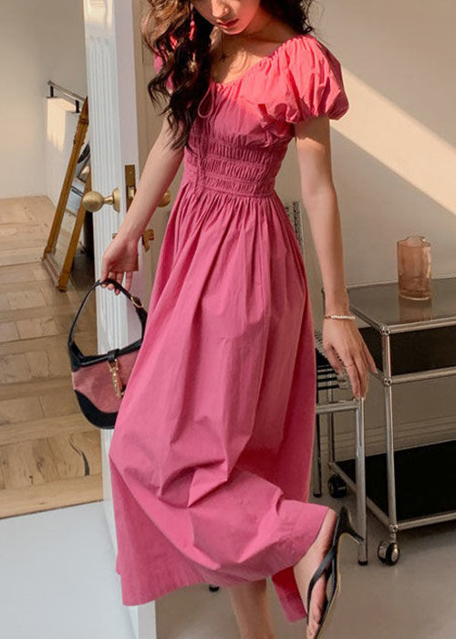 New Rose Lace Up Wrinkled Cotton Long Dress Short Sleeve