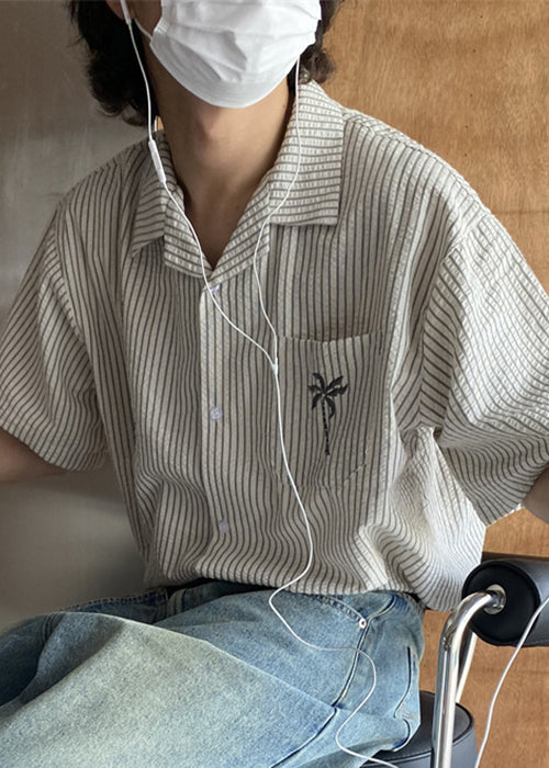 New Striped Embroideried Button Cotton Shirts Short Sleeve
