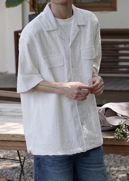 New White Hollow Out Button Cotton Shirt Summer