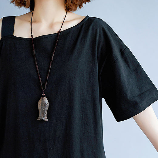 New Black Cotton Dress Traveling Dress Boutique Short Sleeve Baggy Dresses O Neck Cotton Clothing