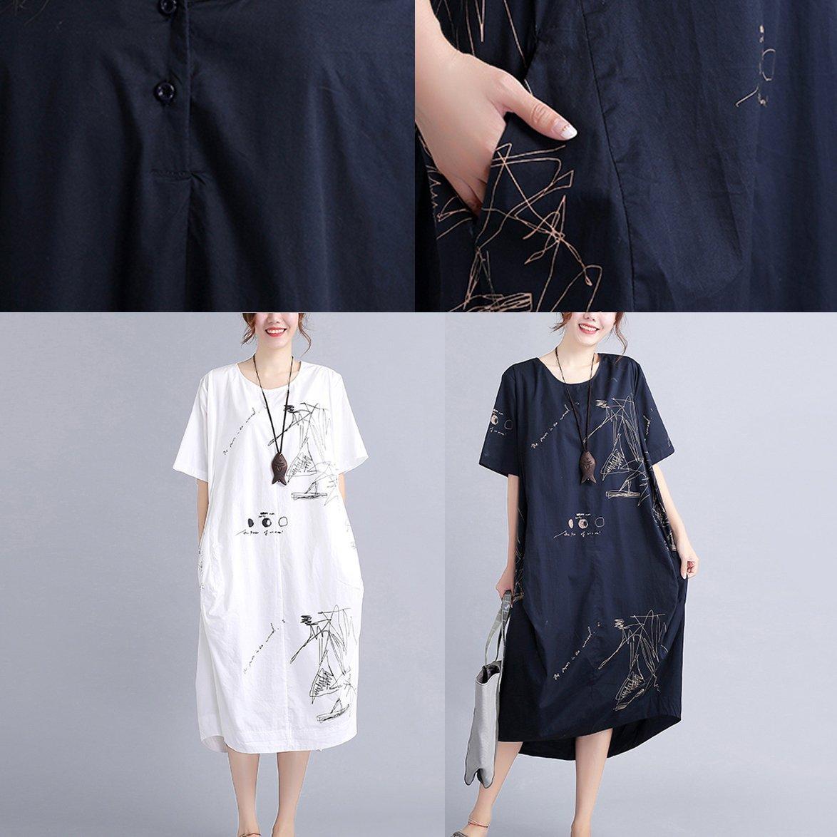 New Black Linen Knee Dress Oversized Linen Clothing Dress Short Sleeve Prints Linen Cotton Dress
