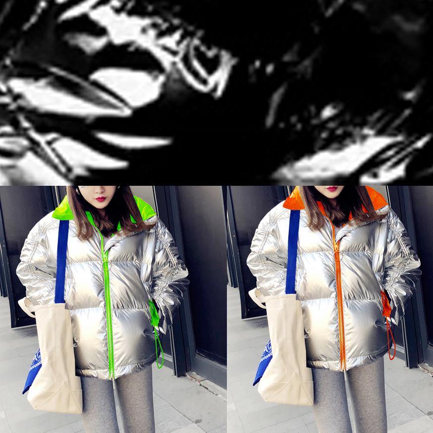 New Black Patchwork Down Coat Winter Loose Fitting Snow Jackets Stand Collar Zippered New Overcoat
