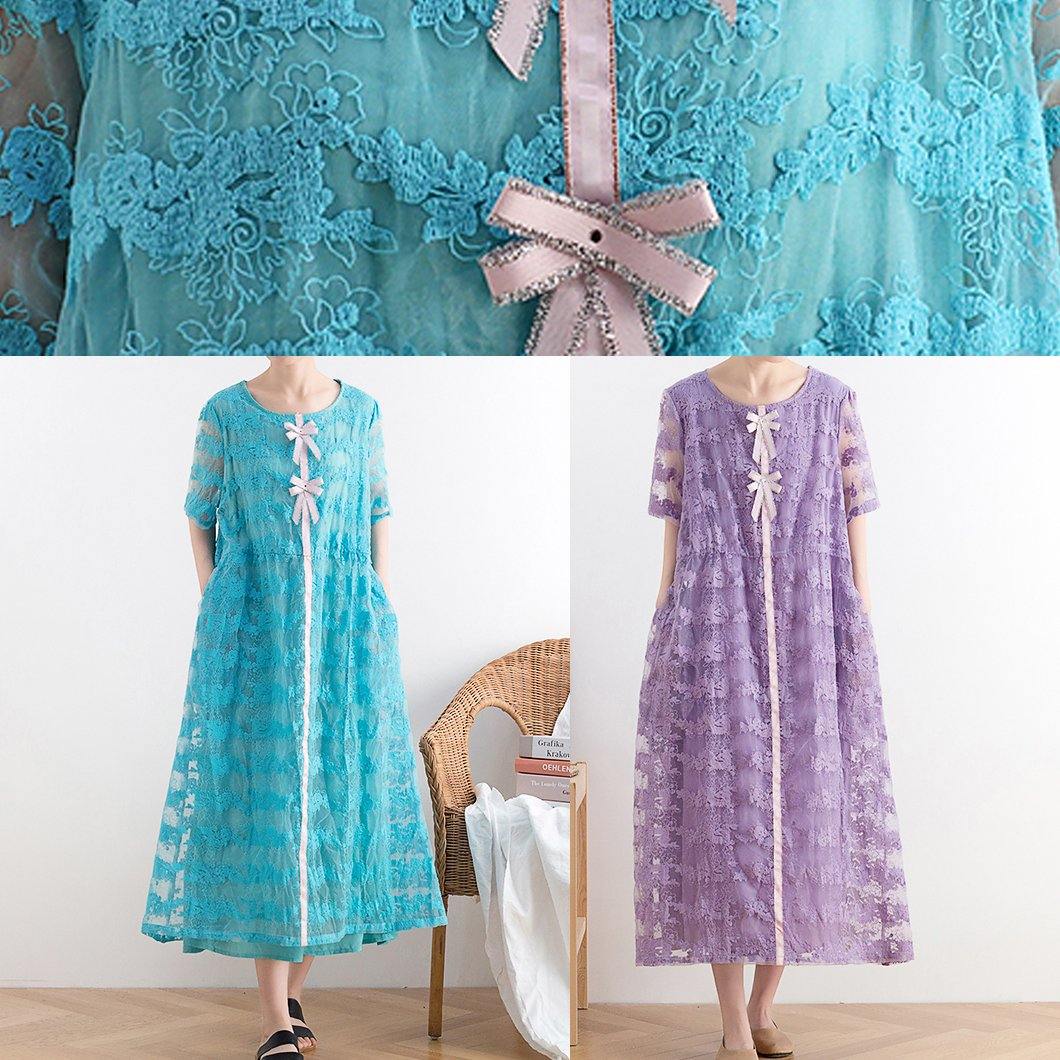 New Blue Lace Embroidery Organza Heavy Industry Retro Exquisite Loose Dress