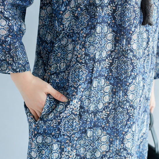 New Blue Print Long Linen Dress Clothing V Neck Baggy Dresses Traveling Clothing Long Sleeve Pockets Dresses