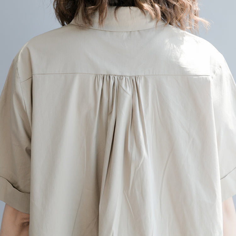 New Khaki Cotton Blended Dress Clothing Traveling Clothing Short Sleeve Pockets Turn-down Collar Baggy Dresses