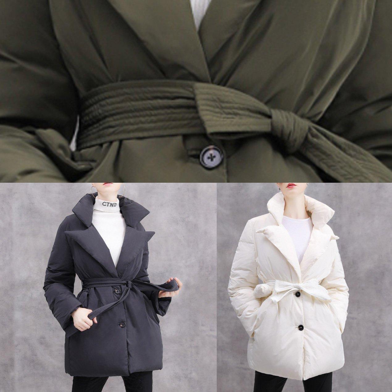 New White Duck Down Coat Plussize Tie Waist Winter Jacket Thick Coats