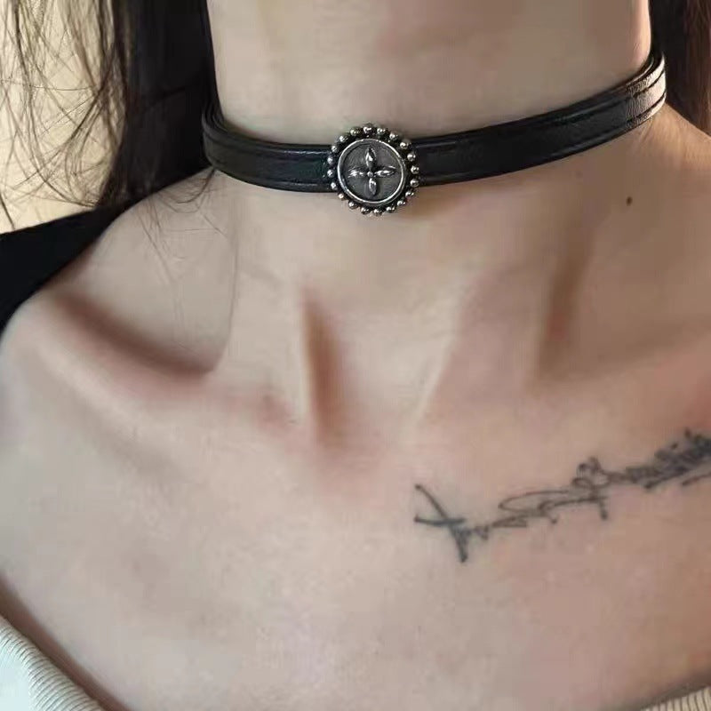 Distressed Black Leather Choker Necklace
